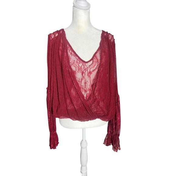 free people lace top burgundy red wrap around floral boho whimsigoth Sz M - Picture 1 of 13